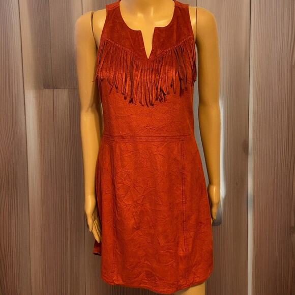 Y2K Express Red Sleeveless Faux Suede Dress Boho Fringe Detail Sz Small Western - Picture 1 of 7